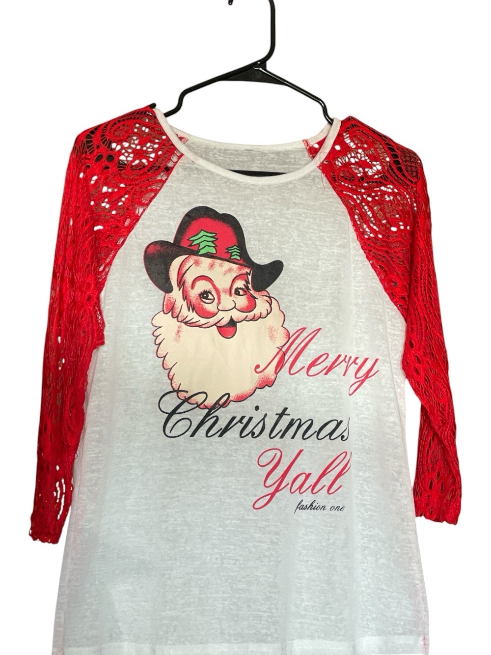 Source Unknown Red & White Merry Christmas Y'all Lace Raglan Tee